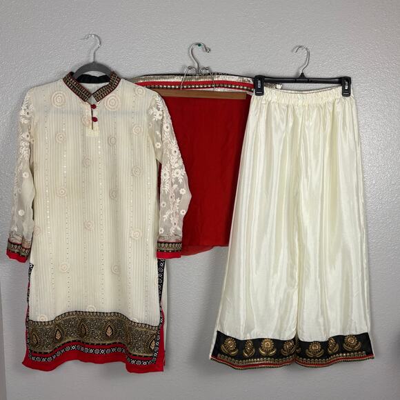 Approx S/M Cream White Red Kurta Set Top Pants & Dupatta Embellished Embroidered - Picture 1 of 16